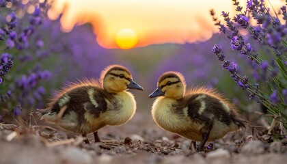 Fototapeta premium Two ducklings stand among purple flowers at sunset, bathed in warm sunlight and surrounded by nature.