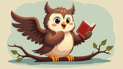 funny cartoon owl dressed as a librarian, shushing with a tiny book in wing, library tree branch, scholarly and silly charm
