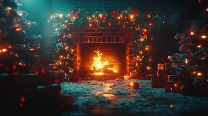 Fototapeta premium Cozy Christmas fireplace scene with glowing lights and presents
