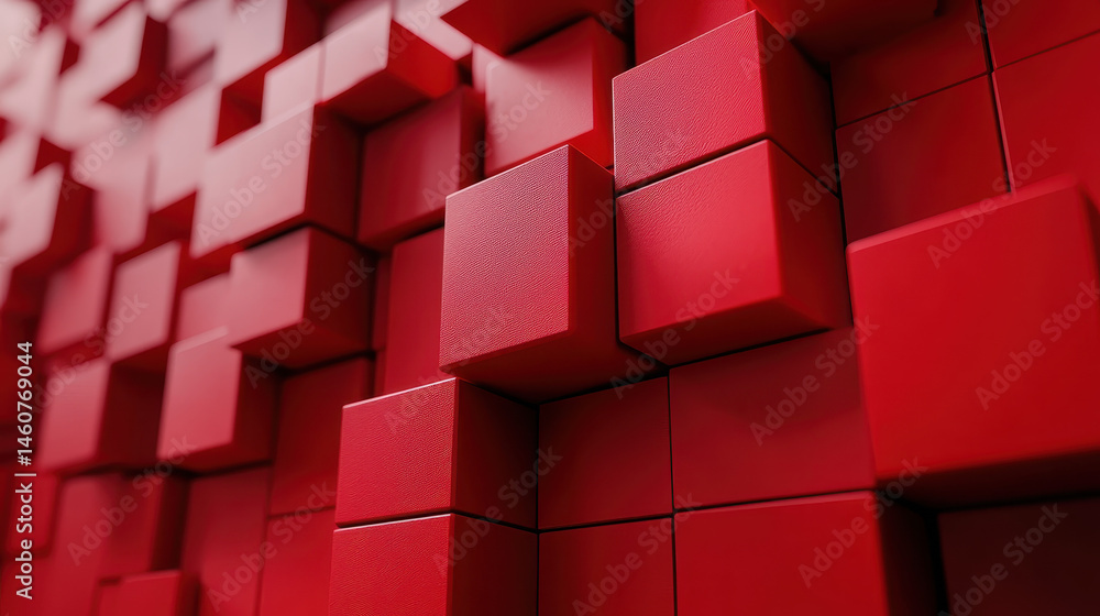 Poster abstract 3d red cubes form dynamic background, visually representing o visualization in realistic 4k