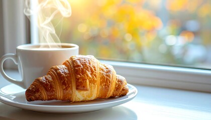 A steaming cup of coffee and a fresh croissant sit on a plate by a sunlit window, creating a cozy breakfast scene.