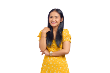Portrait of smiling young Asian woman raised hand with a crossed arm isolated on transparent background