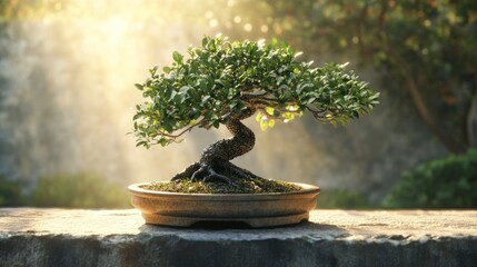 A beautifully shaped bonsai tree in a serene garden setting with soft sunlight filtering through