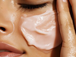 Fototapeta premium woman applying skincare product: smooth skin, white cream, soft focus