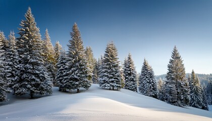 Obraz premium covered hill with pine trees under a clear, pale winter 
