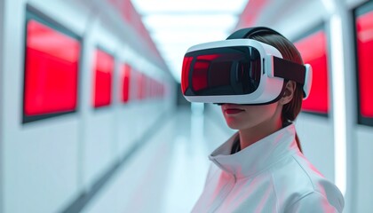 Obraz premium A woman in a futuristic hallway wears a virtual reality headset, surrounded by vibrant red and white lights.