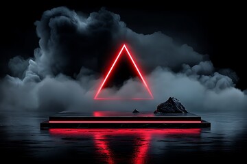 Dark, futuristic podium with red neon triangle