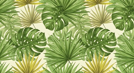 Serene Tropical Leaves: Watercolor Pattern in Greens and Golds AI Generated