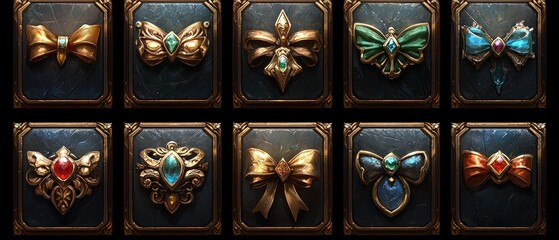 Twelve ornate jeweled bows and butterflies, displayed in individual dark frames