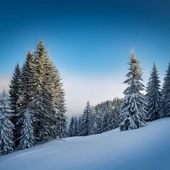 Fototapeta premium covered hill with pine trees under a clear, pale winter 