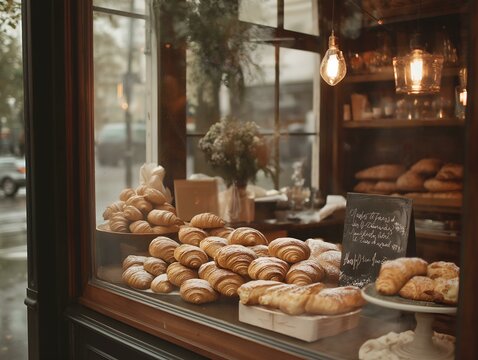 parisian bakery showcase, golden croissants, soft lighting, rain-streaked window, evening ambiance