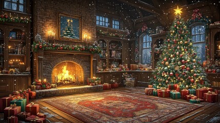 Obraz premium Cozy Christmas library scene with fireplace, tree, and presents