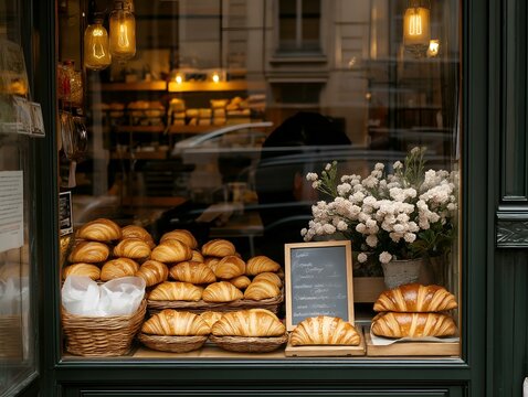 parisian bakery window display, assortment of pastries, warm lighting, evening atmosphere