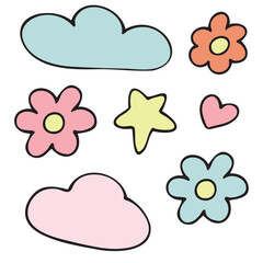 pink and blue clouds, flowers, heart and star, vector set of cute colored children s elements in doodle style with black outline, set of elements