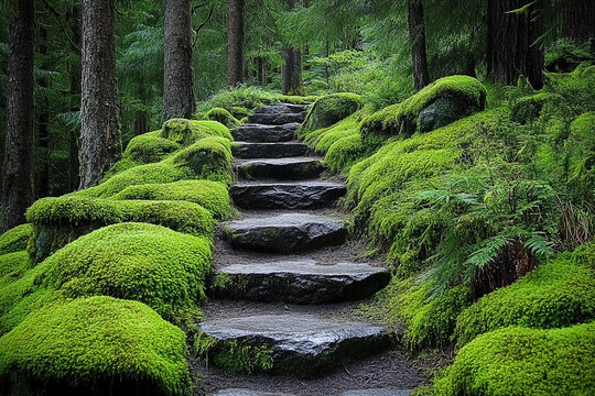 Enchanting mossy stone staircase ascends through a verdant forest landscape