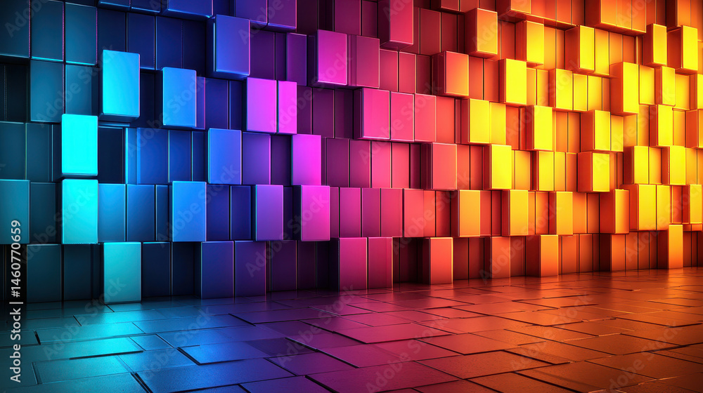 Poster a bold 3d background in 4k showcasing realistic side angle view with vibrant blues, pinks, and orang