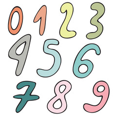 numbers for birthday for garland or cake, holiday decor, vector set of cute colored children s elements in doodle style with black outline, set of elements