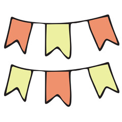 cute children s garland of red and yellow flags, vector set of cute colored children s elements in doodle style with black outline, set of elements