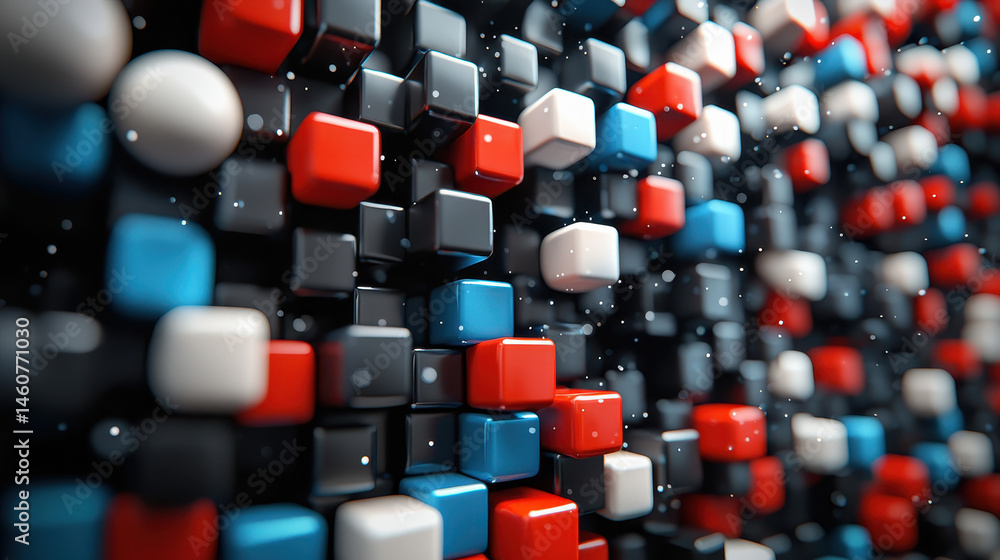 Poster bold 3d graphic background shows realistic depth with red, blue, white and black cubes in a detailed