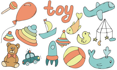 children s educational toys for a small child, happy childhood with games, vector set of cute colored children s elements in doodle style with black outline, set of elements