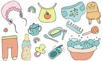 children s hygiene kit, cute things for a child - clothes, dishes, bath, chair, bottle, plate, vector set of cute colored children s elements in doodle style with black outline, set of elements