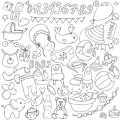 large set of children s items - toys, clothes, hygiene, stroller, bath, dishes, vector set of cute colored children s elements in doodle style with black outline, set of elements
