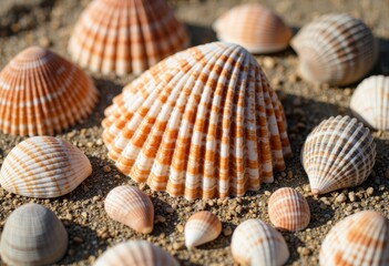 Obraz premium Beautiful collection of seashells arranged on sandy beach