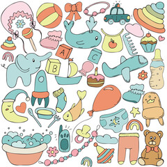 large set of children s items - toys, clothes, hygiene, stroller, bath, dishes, vector set of cute colored children s elements in doodle style with black outline, set of elements