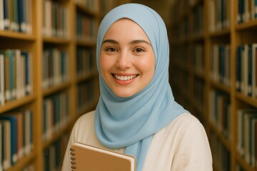 Smiling Malay Muslim student in hijab holding notebook inside library