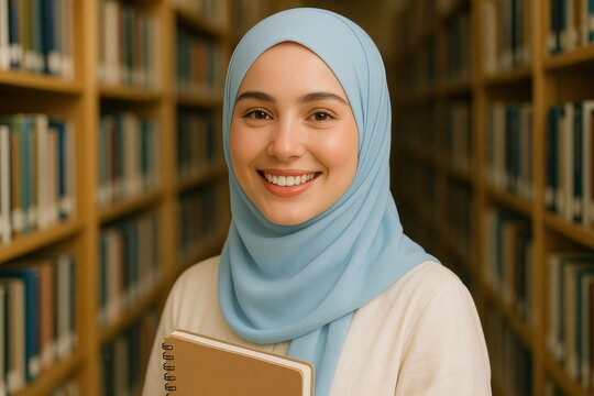 Smiling Malay Muslim student in hijab holding notebook inside library