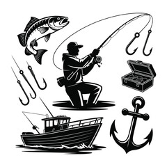 Silhouette fisherman sport with rod and rope, vector illustration