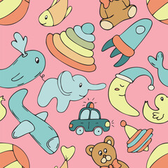 different children s toys on a pink background, vector seamless pattern, cute children s drawing in doodle style, with black outline