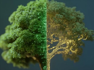 vibrant green tree, circuit board half, nature technology fusion, dark background, glowing lines