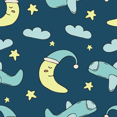 crescent moon in a nightcap, airplanes, clouds and stars in the night sky, good night, vector seamless pattern, cute children s drawing in doodle style, with black outline