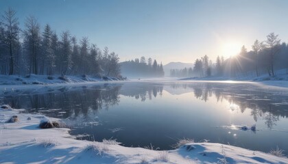Fototapeta premium Frozen lake, delicate snowflake silhouettes against a frosty blue sky , design, december