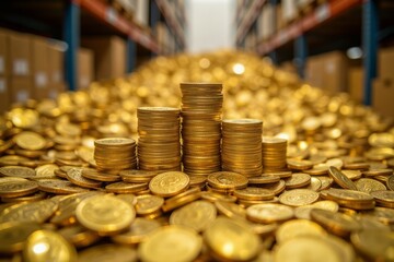 Golden coins stacked in a warehouse setting.
