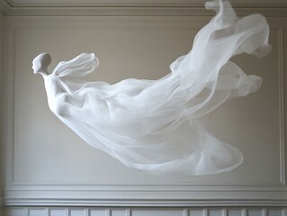 white fabric sculpture, flowing form, dark background, elegant lines, artistic expression