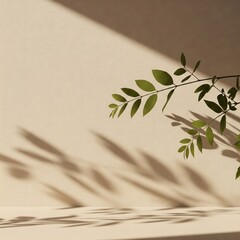 Shadows of delicate branches and small leaves swaying in sunlight, projected on a beige wall, peaceful and minimal botanical style