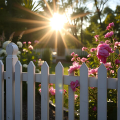 A sunlit picket fence with blooming flowers in a peaceful garden.