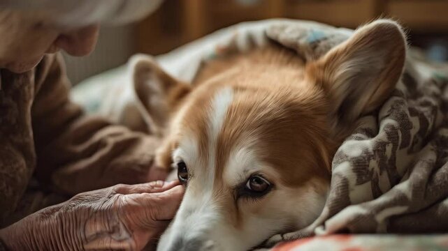 Tender moment between elderly woman gently stroking her sleepy corgi dog, covered with a blanket, resting on a floral patterned bed indoors.