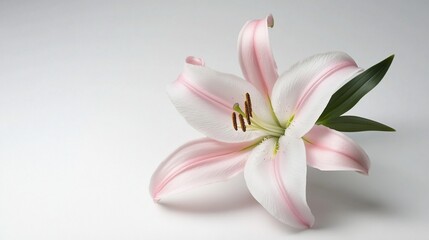 Obraz premium Delicate pink and white lily blossom on white backdrop, leaves included