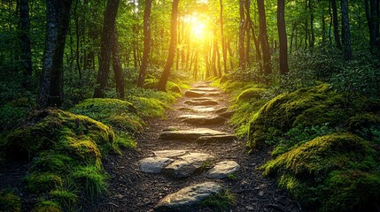 Obraz premium Sunlight penetrates through the forest and illuminates the path