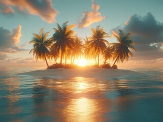 Sunset over small, tropical island with palm trees reflecting on turquoise sea