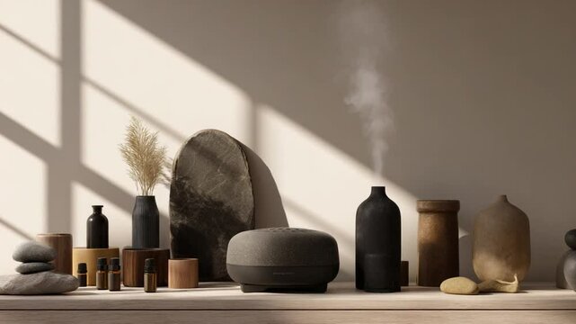A serene still life arrangement featuring various decorative objects and a diffuser in soft light