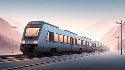 Fototapeta premium Modern Train Illustration, Transportation, Commuting, Sustainable Travel at Sunset