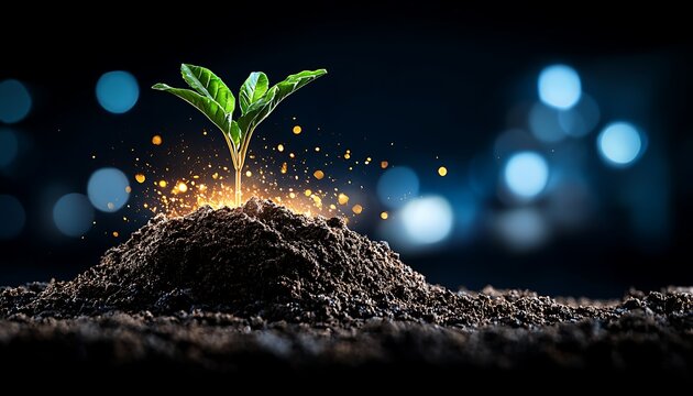Tiny sprout bursts with light from soil