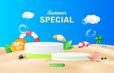 3d modern summer sale podium background with safety ring, beach umbrella, tropical plant and bubble. Summer holiday special promotion concept.
