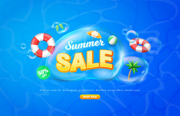 Realistic bubble style summer sale design with safety ring, tree, beach umbrella in blue wavy water background. Summer holiday promotion idea template.
