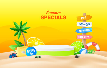 Bright color summer sale podium design with fruits, promotion board and beach background. Summer holiday promotion banner template.