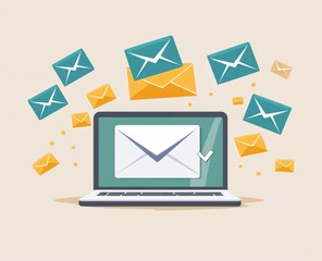 Laptop displaying email with many messages flying around